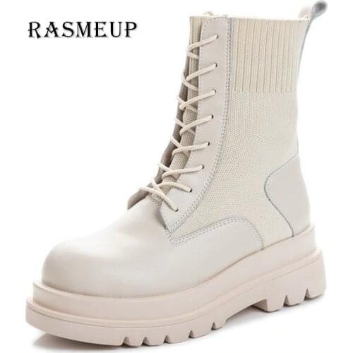 RASMEUP Genuine leather Platform Boots New Autumn Women Light Comfortable Chunky Boots Fashion Lace up Lady Shoes Footwear