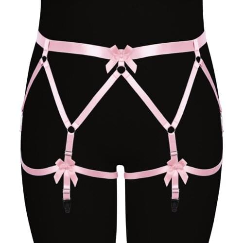 Pink Bow Bondage Body Harness Leg Garter Belt Waist Suspender Punk Gothic Plus Size Lingerie Dance Cosplay Rave Plump Women