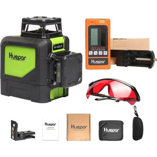 Huepar 8 Lines Red Laser Level 360 Horizontal Vertical Cross Line Self-leveling Laser + Laser Receiver & Laser Enhanced Glasses