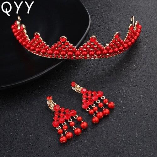 Red Stone Simulated Pearls Tiaras and Crowns Brides Tiara Wedding Hair Accessories Bridal Head Jewelry