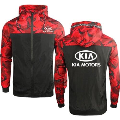 Spring Autumn new Mens Hoodie KIA Car Logo Print Casual high quality Cotton Camouflage Splicing Mens zipper Jacket Clothing