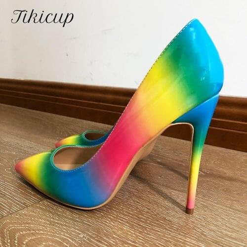 Tikicup Gradient Colors Women Rainbow Patent Stilettos High Heels 12cm 10cm 8cm Customize Pumps OL Designer Formal Dress Shoes