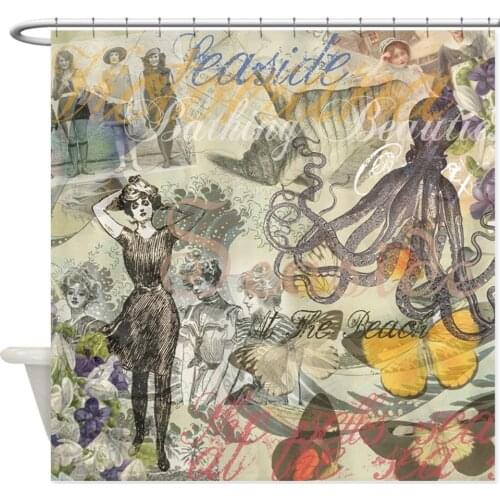 Vintage Octopus and Bathing Beauties Decorative Fabric Shower Curtain