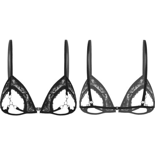 Womens Femme Sissy Bras Tanks See Through Sheer Lace Lingerie Spaghetti Straps Open Cups Bra Top with Rings Linked at Bust