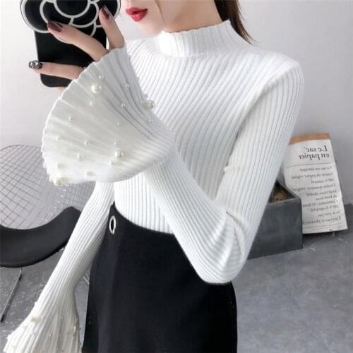Flare Long Sleeve Women Tops Pullover sweater 2020 New Autumn Korean beading Knitted Sweaters bottom Ruffle sweater for women