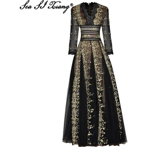 Seasixiang Fashion Designer Autumn Long Dress Women V-Neck Long Sleeve Floral Embroidery Black Mesh Party Dresses