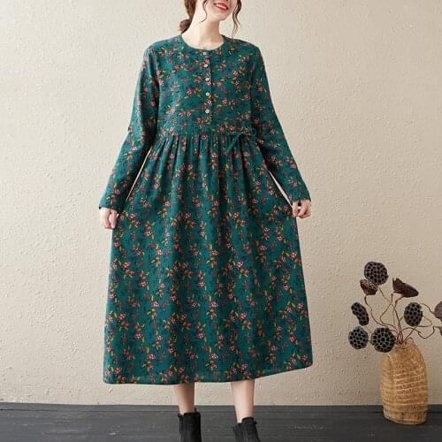 Ladies Elegant A-line Long Dress New 2021 Autumn Vintage Style Floral Ptint Loose Cotton Linen Women Casual Dresses B1033