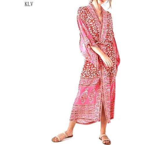 Womens Spring Vacation Chiffon Kimono Cardigan Retro Red Floral Printed Swimsuit Cover Up Loose Mid-Calf Maxi Length Beach Dress