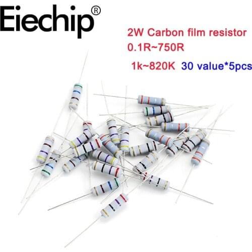 150pcs/lot 2W Metal film resistors 1% 1k~820K, Carbon film resistor 5% 0.1R-750R ,30 value Wirewound resistance assortment kit