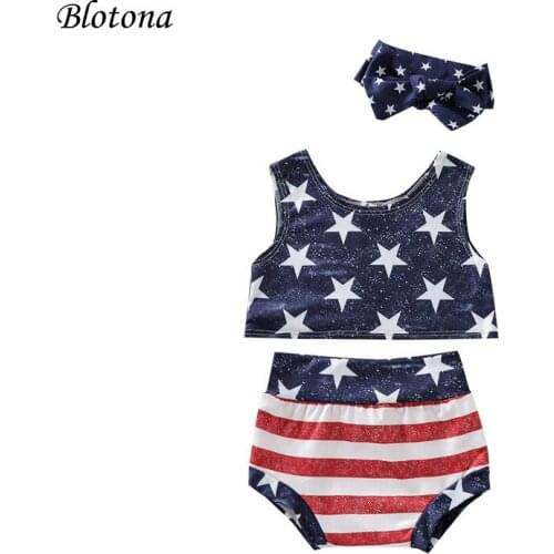 Blotona 3Pcs Newborn Independence Day Outfits, Baby Sleeveless O-Neck Crop Top +Striped Print Shorts + Bowknot Headband 0-3Years