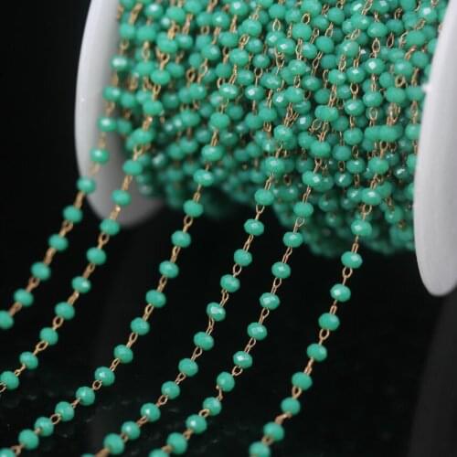 5Meter/Lot Cyan Green Tiny Glass Bead Rosary Chain,2x3mm Faceted Rondelle Brass Wire Wrapped Chain,DIY Necklace Jewelry Crafts
