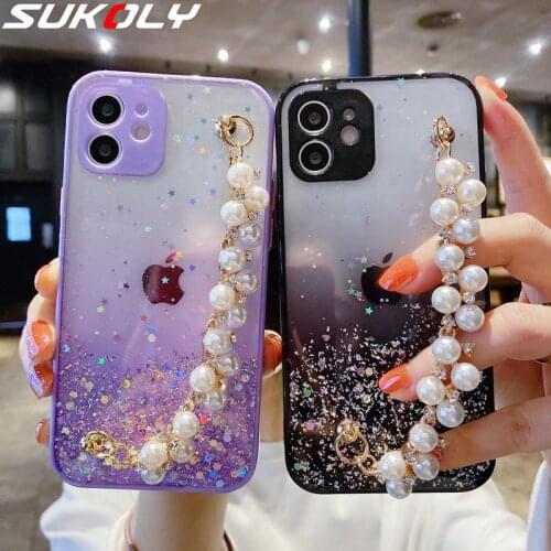 Glitter Bling Clear Case For iPhone 12 Pro Max 11 Pro XS Max XR X 7 8 Plus Pearl Bracelet Transparent iPhone 12 Pro Case Cover