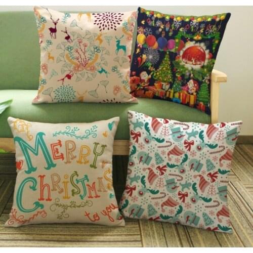 Merry Christmas Series Sofa Throw Pillow Reindeer Santa Claus Small Print Pattern Cotton Linen Decorative Cushion Cover 45*45 cm