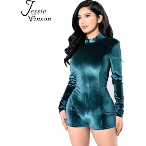 Jessie Vinson Sexy Women Skinny Long Sleeve Velvet Bodysuits Short Jumpsuit Soild color Playsuits Club Wear