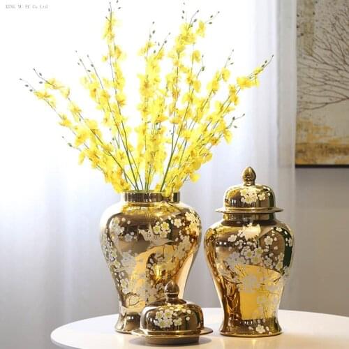 Chinese Gold Vase Flowerpot Decoration, Flower Arrangement Accessories, Ceramic Craft Storage Jar, Living Room Desk Furnishings