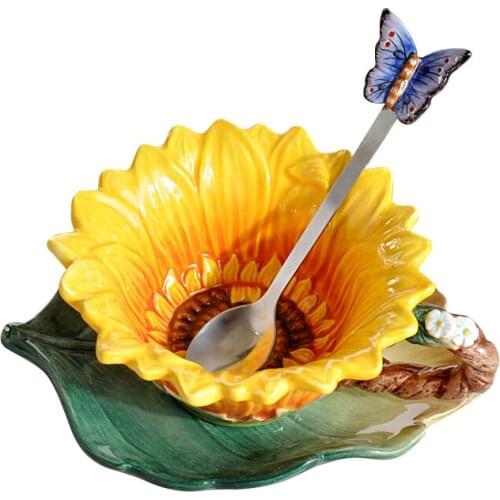 Beautiful sunflower shape ceramic coffee cup dish Creative flower ceramic cup