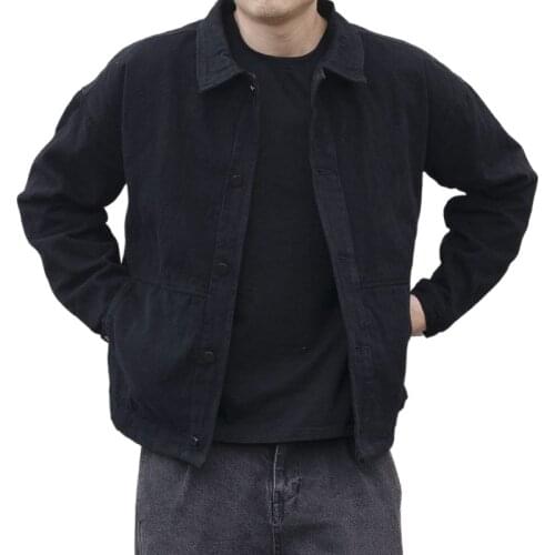 Spring autumn denim jacket mens black Korean trend work clothes jacket loose large size mens top denim stand collar jacket 5xl