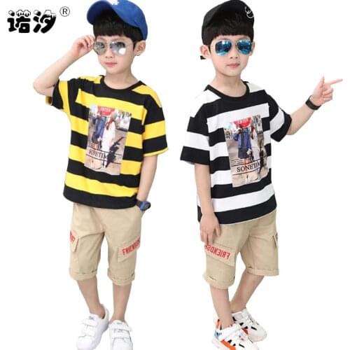 Boys summer clothes sets kids tripe t-shirt baby boys cotton O-neck short sleeve shirt 3-11T children tops+pants kids trousers