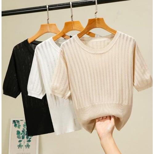 Summer Pullover Ribbed Knitted Sweater Thin Clothes Women 2021 O Neck Short Sleeve Slim Basic Woman Sweaters Short Tops Crop Top