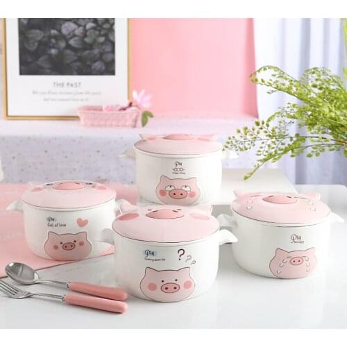 Cute cat pattern ceramic instant noodle bowl fruit salad bowl with lid soup bowl anti-scalding ramen bowl kitchen tableware