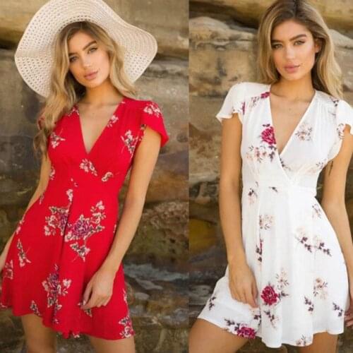 Fashion Summer Women Beach Dress Short Sleeve Sundress Sexy Ladies Floral Sundress Female Party Evening Mini Dress Casual Dress