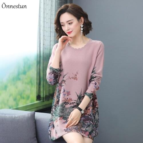 Sweater Dress Autumn Fashion Long Sleeve Pullovers Knitwear Jumper Plus Size Pull Soft Print Long Sweater Women