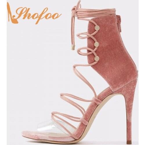 Pink Velvet PVC Stilettos Sandals Woman High Thin Heels Lace Up Zippers Ladies Female Clear Dress Shoes Footwear Mature Fashion