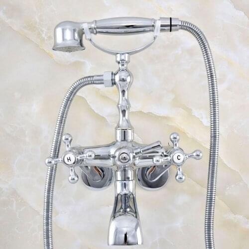 Silver Polished Chrome Brass Wall Mounted Claw Foot Bathroom Tub Faucet Mixer Tap With Handshower - Adjusts From 3-3/8" mqg417