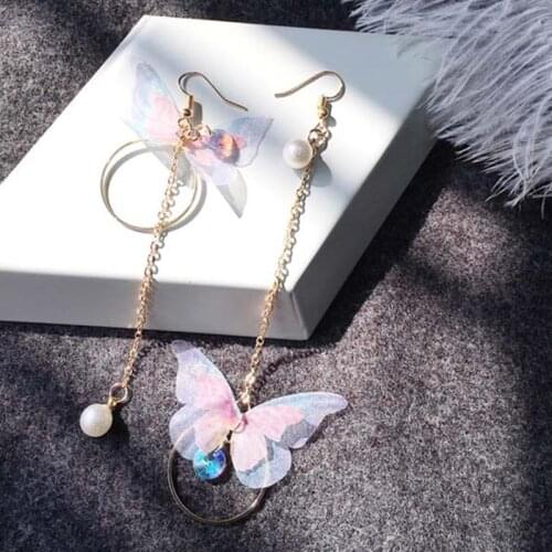 Korea Retro Asymmetrical Exquisite Butterfly Imitation Pearl Alloy Long Wings Earrings Geometric Round Earrings Womens Jewelry