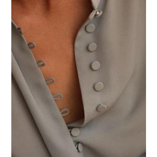 Sweden Stylish Pale Blue Button-Up Shirt Classy Ballon Sleeve Loose-Fit Texture Blouse Elegant Stand Color Casual Daily Blouse