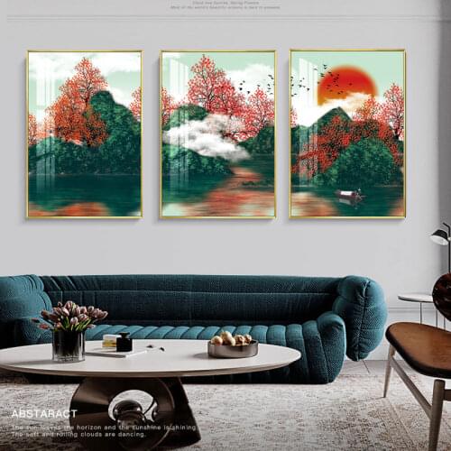 Modern Golden Abstract Landscape Art Golden Line Tree and Stone Pictures Painting Wall Art for Living Room Home Decor (No Frame)