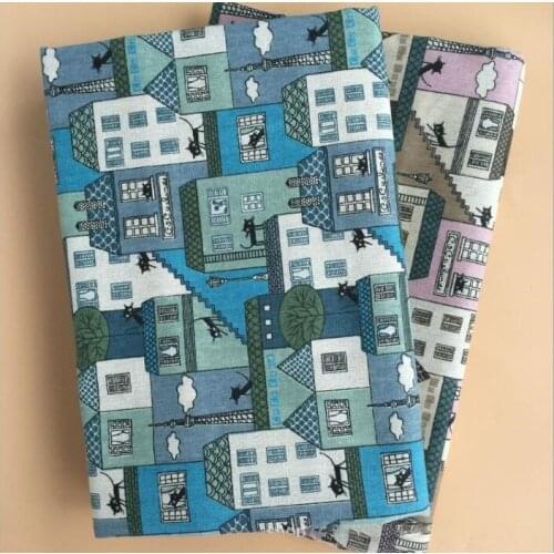 House and black cat pattern printed fabric wholesale linen cotton fabric for sofa/luggage/tablecloth/curtains