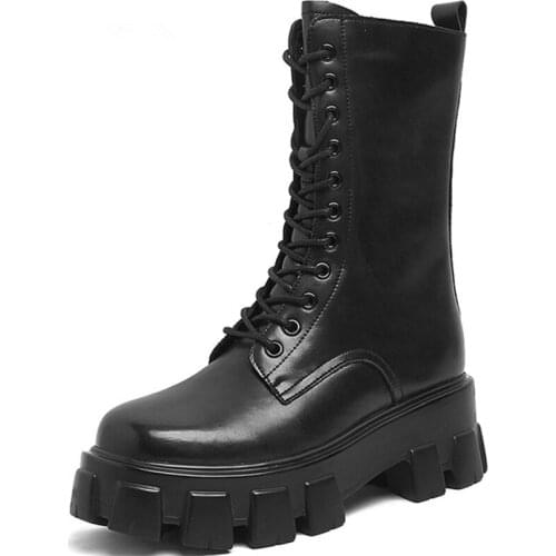 NEWDISCVR Women Motorcycle Boots Wedges Flat Shoes Woman High Heel Platform PU Leather Boots Lace Women Shoes Black Boots Girls