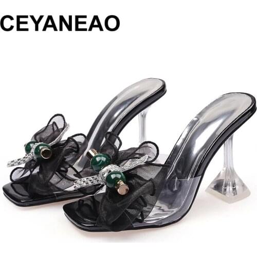CEYANEAO Big Size Transparent Crystal Womens Slippers 2021 Wedge Heel Shoes Slides High Heels Women Shoes Fashion Bow Sandals