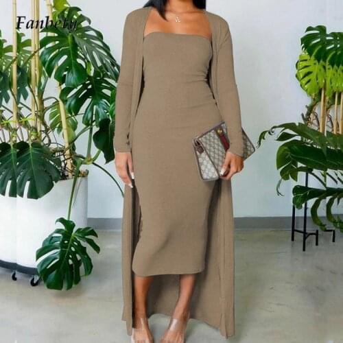 Winter Solid Dress +Coat 2Pc Outfits Strapless Bodycon Dress + Long Sleeve Cardigan Tops Set Women Autumn New Casual Home Suits