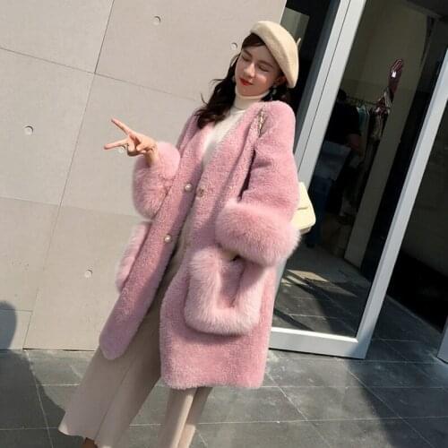 Winter Faux Fur Coat Woman 2019 Fashion V-neck Long Sleeve Sheep Shearing Cardigan Jacket Winter Warm Lamb Long Outwear W1376