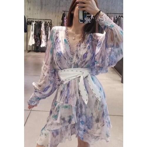 Ladies Wrap V Neckline Hollow Out Printed Ruffled Long-sleeved Short Mini Dress