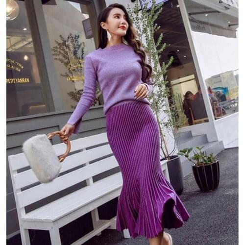 2019 Fall Winter Designer Bright silk knitted Pullovers Sweater Skirt 2 piece Set Womens Knitted Shiny Pleated Mermaid Skirt