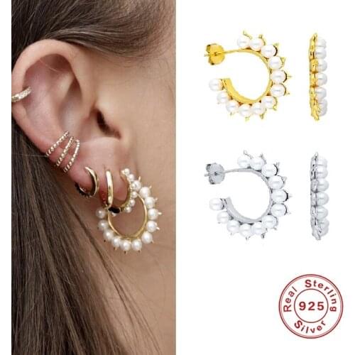 2020 New Vintage Rhinestone Small Hoop Earrings Women Fashion Simulated Pearl Semicircle Pendientes Silver 925 Jewelry kolczyki