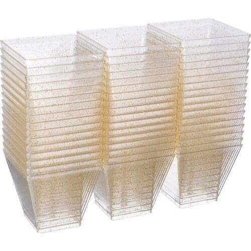 25/50/100pcs Square Small Dessert Cups 60ML Disposable Gold Glitter Dessert Plastic Bowls Food Cake Pudding Cup Jelly Container