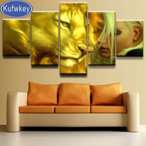 5 panel diamond painting tiger and woman 5 d diamond embroidery full drill crystal 3d puzzle mosaic set animal art