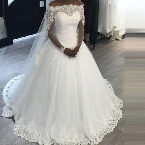 Ball Gown Wedding Dress Long Sleeve Lace Beads Boat Neck Princess Wedding Dresses vestido de noiva