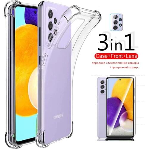 For samsung a72 case 3in1 transparent case for samsung galaxy a72 a 72 5G 4G 6.7'' tempered glass camera lens phone cover coque