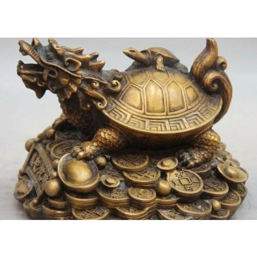 China Bronze Copper Fengshui Yuanbao Wealth Money Dragon turtle Tortoise Statue