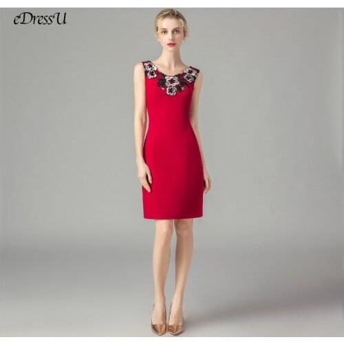 Embroidery Cocktail Dress Elegant Sheath Party Dress Knee Length Prom Dress Sexy Red Celebrate Dress WS-L1139