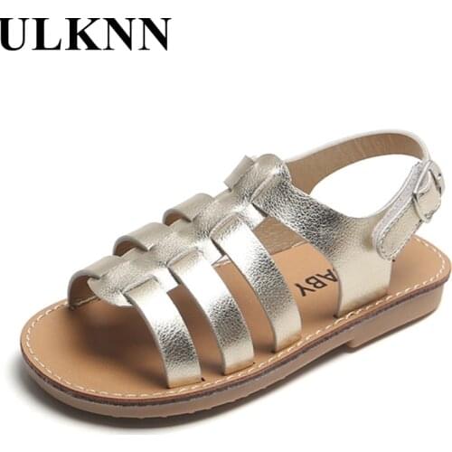ULKNN 2021 summer new little girl woven Roman sandals childrens soft-soled non-slip beach shoes tide girls casual shoes