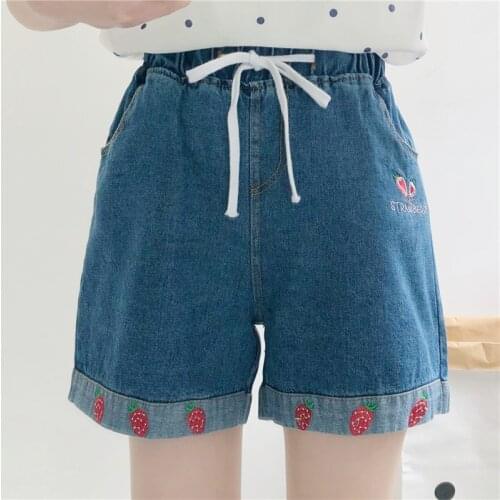 Summer Loose Kawaii High Waisted Bottoms Jeans Strawberry Embroidery Women Denim Shorts Girls 2021 Cute Casual Shorts Fashion