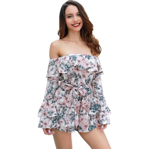 Summer Womens One-word Neck Playsuit Ruffle Floral Printed Long-sleeved Flared Sleeves Romper Slim Belted Jumpsuit ShortsSuit