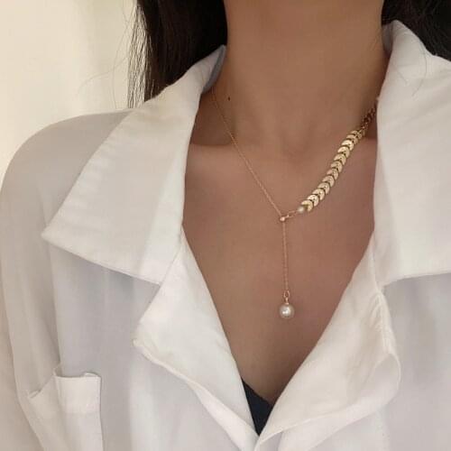 Minar Minimalist Stretchable Simulation Pearls Pendant Necklace for Wowen Asymmetric Link Chain Leaves Chokers Necklaces Jewelry