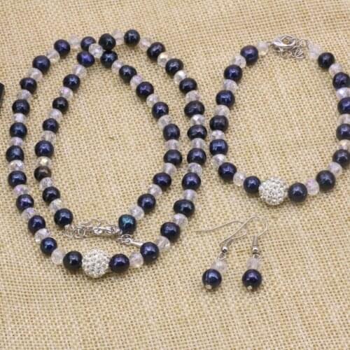 Fashion statement women 7-8mm natural black freshwater pearl beads necklace bracelet earrings white crystal jewelry set B3182